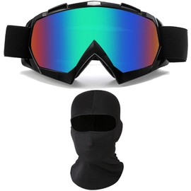 immoono Motorcycle Goggles with Face Mask, Dirt Bike Goggles Windproof Dustproof Racing Goggles Ski Goggles Protective Safety Glasses with Balaclava, Black Frame Colorful Blue Lenses