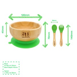 Amonev Bamboo Baby Bowls with Suction Spoon and Fork Set. Bowls Secure in Place Making Mealtime a Joy Natural Bamboo BPA Free Bowl is Also Easy to Clean (Green)