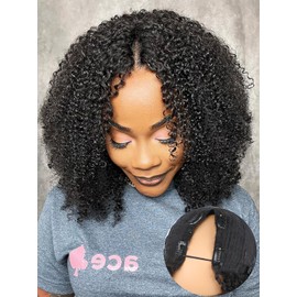 ISEE V Part Human Hair Kinky Curly Minimal/No Leave Out Upgrade U Part Wig for Black Women V Shape Kinky Curly Thin Part Glueless Clip In Half Wig 180% Density Natural Color 22 Inch