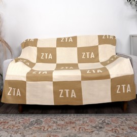 Sorority Shop Zeta Tau Alpha Acrylic Knit Blanket - Stylish Beige Checkered Blanket Perfect for Big Little Sorority Gifts - Soft, Cozy, and Comfortable Gift for Women - 50" X 62"