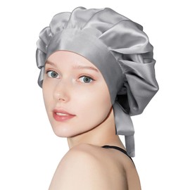 OLESILK Mulberry Silk Bonnet for Sleeping Bowknot, Double-Side Silk Sleep Cap for Curly Hair Care, Hair Bonnet for Afro Wavy Long Hair, Night Cap for Women, Grey