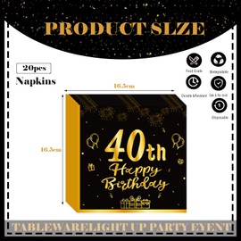 COSORO 20pcs Black & Gold Napkins - 40th Birthday Serviettes for Men & Women, Table Decorations