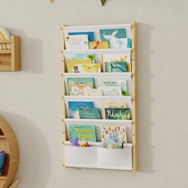 Wood 6-Tier Wall Mounted Kids Bookshelf – Floating Book Shelf For Kids Rooms,Nursery & Classroom, Hanging Bookcase Organizer For Books,Toddler Book Shelf, Montessori Bookshelf, Nursery Shelves (Small)