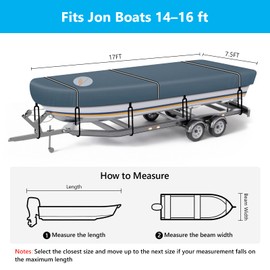 CEMOFE Jon Boat Cover 14-16 ft, 900D Heavy Duty Waterproof Trailerable Boat Cover with Reinforced Windproof Adjustable Straps, Fits Jon Boats up to 75'' Beam Width