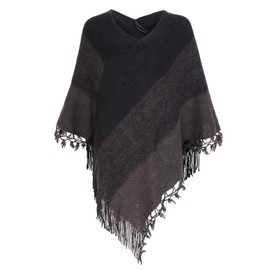 Fomolom Women Striped Poncho with Tassels Knitted Shawl Scarf Fringed Wrap Sweater Pullover Cape Grey