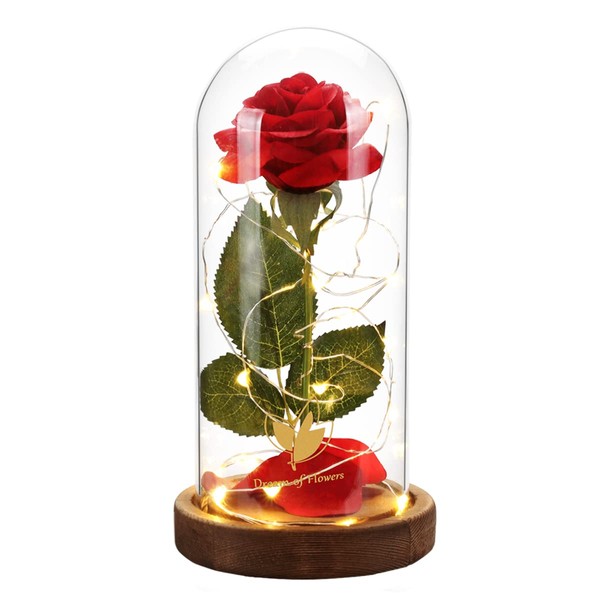 Beauty and The Beast Rose Artificial Flower Red Rose Gift,Lasts Forever in a Glass Dome，Unique Romantic Gifts for Mum's Wife's Girlfriend on Mother's Day Birthday Valentine's Day Anniversary