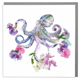 Lola Design - Wildlife Botanical Greeting Cards, Octopus Design - Suitable for Birthdays, Congratulations or Any Special Occasions - Blank Inside with Grey Envelope - 150mm x 150mm