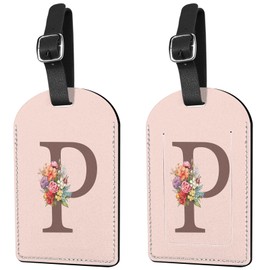 Deokke 2 Pack Initial Letter Luggage Tag Monogram Suitcase Tags PU Leather Cover Aesthetic Cute Monogrammed Travel Bag Labels for Women Girls Men (Pink-P)