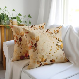 Encasa XO Floral Cushion Covers Set of 2 | Decorative Printed Patio Cushion Covers L1 Gold 40x40 cm | No Inserts | Outdoor Boho Square Throw Pillow Case Ideal For Patio, Living Room, Bedroom