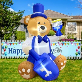 AerWo Inflatable Bear Holding Menorah & Dreidel with LED Lights - Hanukkah Decorations for Indoor/Outdoor Use