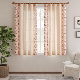jinchan Linen Curtains for Bedroom Floral Curtains 63 Inch Length Linen Blend Burgundy Red Embroidered Drapes Farmhouse Flower Patterned Drapes for Living Room Window Treatments Set 2 Panels