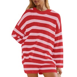 Panadila Striped Lounge Sets for Women Sweater Set Pajama Set Long Sleeve and Shorts 2025 Matching Set 2 Piece Outfits (Cherry Pink Combo,XS)
