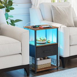 TUTOTAK LED Nightstand, Night Stand with Charging Station, End Table, Bedside Table with Fabric Drawer, for Livingroom and Bedroom, Brown TB01BB069L