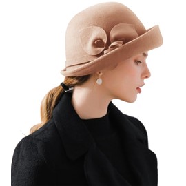 ORIDOOR Women Vintage Wool Felt Flowers Bucket Cloche Bowler Hat Church Wedding Dress Fascinator Hat Winter Felt Fedoras (012 Camel, One Size) …
