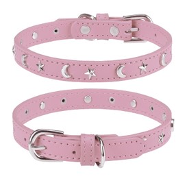 DILLYBUD Leather Dog Collar for Puppy Small Medium Dogs, Adjustable Star and Moon Studded Pet Collars with Rust-Proof Metal Buckle and Charms, XS S Dog Collars for Boy and Girls, Size 14-17" Pink