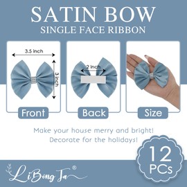 LiBongTa 3.5" Dusty Blue Bow Premade Bows, Satin Ribbon Bows for Presents, Self Adhesive Bows with Rhinestone, Valentines Bows for Gift Wrapping, Treat Bags, Home Decor, Party Favors-12 Counts