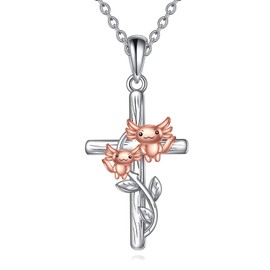 YFN Axolotl Cross Necklace for Women Sterling Silver Axolotl Pendant Jewelry Animals Gifts, Sterling Silver, No Gemstone
