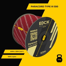 EdcX 4mm Nylon Paracord 550 50m (165 feet) - Type III, 100% Nylon Rope, 7 Strand Rope, 4mm Nylon Rope in Solid Colors (Reflective Red, 50 m)
