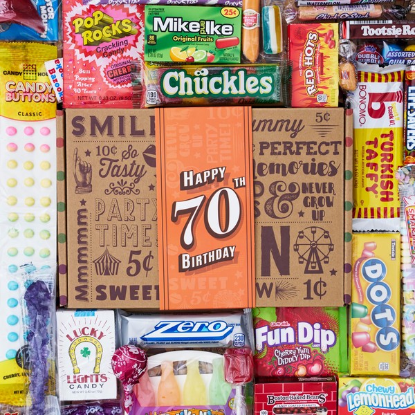 Vintage Candy Co. 70th Birthday Retro Candy Gift Basket - 1954 Party Assortment - Unique Care Package for Women and Men Turning 70 Years Old