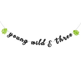 Banner de animales de selva con purpurina negra para 3er cumpleaños, Safari Wild Three Banner, letrero de palma con temática salvaje para bebé niño de tres años, suministros para fiesta de cumpleaños
