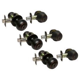 Dark Oil Rubbed Bronze Entry Entrance Round Knob Handle with Matching Double Cylinder Deadbolt Combo Pack Kwikset Keyway Keyed Alike 5765DBR (3 Set)