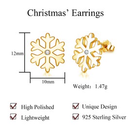 Josfeva Snowflake Stud Earrings for Women, 925 Sterling Silver Christmas Studs Earrings with 5A White Zirconia, Gold Xmas Stud Earrings, Hypoallergenic Snow Winter Jewellery for Party Birthday