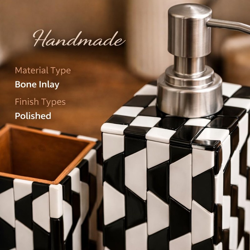 Handcrafted Black and White Bone Inlay Bathroom Set Soap Dispenser