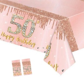 COSORO 2pcs Rose Gold Table Cloth, Happy 50th Birthday Table Decoration, 137 * 274cm Plastic Tablecloths for Her