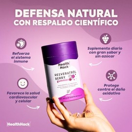 Gomitas de Resveratrol de Alta Absorción sabor Uva | 60 gomitas para 1 mes, con Antioxidantes, Ingredientes Naturales, Sin Azúcar, Ni Colorantes Artificiales | Health Hack - Resveratrol 1000mg puro