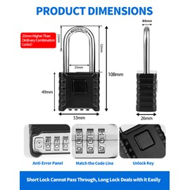 LUNEKUCK 2 Pcs Long Shackle Heavy Duty Combination Padlocks Outdoor Weatherproof, 4 Digit Code Large Lock 53mm with 8mm Thick 304 Stainless Steel Shackle for Shed, Garage, Gate, Fence, Warehouse