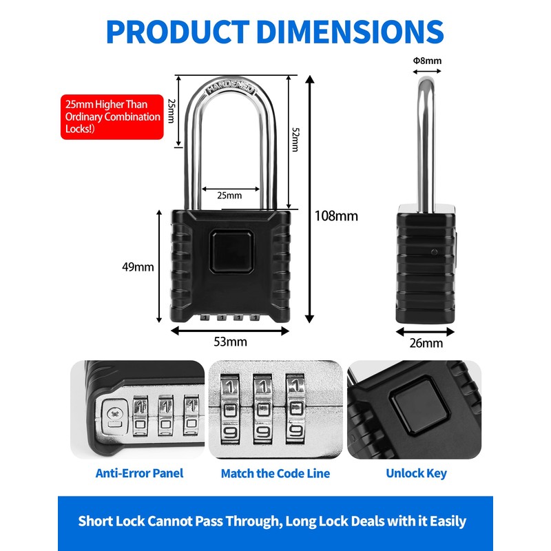 LUNEKUCK 2 Pcs Long Shackle Heavy Duty Combination Padlocks Outdoor