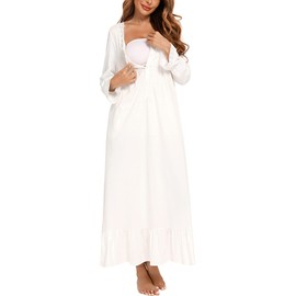 aromm Women's Soft Nightdress Button Down Victorian Long Sleeve Breastfeeding Pyjamas, White