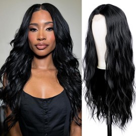 DRSSTIC Long Wavy Blcak Wig for Women,26 Inch Colorful Synthetic Wavy Wig, Middle Part Pastel Curly Wigs Heat Resistant Wig for Valentine's Day Gifts Party Cosplay Daily Use