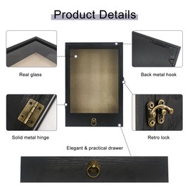 Hodeframe Shadow Box Frame with Drawer, 11"x16" Shadow Box Display Case with Real Glass, Wooden Memory Box for Pictures, Memorial, Flowers, Medals, Wedding Bouquet for Wall or Tabletop Black