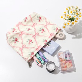 Cosmetic Bags for Women - Corduroy Cosmetic Bag Aesthetic Women Handbags Purses Makeup Organizer Storage Makeup Bag Girls Case Bags (Flowers-Bow)