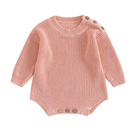 Achlibe Baby Girls Knitted Romper, Long Sleeve Crew Neck Solid Bodysuit Winter Sweater Infant Clothes (Pink, 9-12 Months)