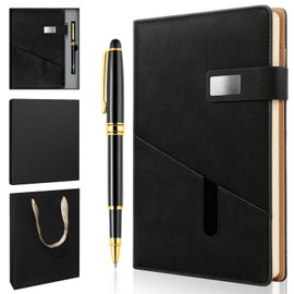 A5 Lined Leather Notebook and Pen Set with Gift Box, 240 Pages Refillable Journal with Pocket and Magnetic Buckle, Hardcover Daily Diary for Men and Women Business Travel Personal Writing- Black