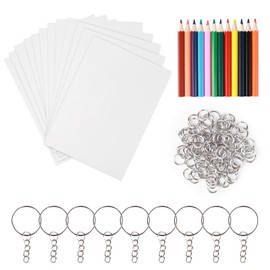232Pcs Heat Shrink Plastic Sheet Set, 20Pcs Shrinky Art Paper, Creative Shrink Film, Shrinkable Hand Making Sheet with 100 key Chain 100 Open Ring 12 Coloured Pencil, Shrinkies for Pendant Craft Kids