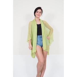 Ikat Ladies Crochet Cardigan Beach Cover-Up Hooded Lace Fish Net Medium Length One Size Lime