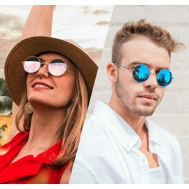 Joopin Mirror Round Sunglasses Small Circle Sun Glasses Polarized UV Protection Teashades Circular Shades for Men Women Costume (Blue + Pink)