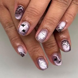 Halloween Press on Nails Short Square 3D Fake Nails Purple Cat Eyes Halloween Nails Press ons With Ghost Spider Webs Bat Design Glitter Acrylic Glue On Nails Artificial Stick on Nails for Women 24Pcs