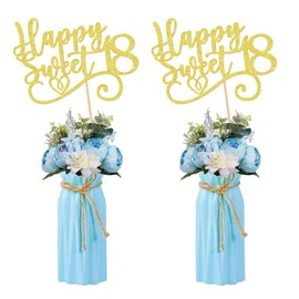 12Pcs Happy Sweet 18 Party Centerpiece Sticks Golden 18th Birthday Flower Toppers for Boys Girls 18th Birthday Table Decorations Floral Table Topper for Sweer 18th Golden Birthday Party Centerpiece