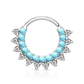 PiercedOff Platinum Bendable Cut Ring with Synthetic Turquoise and CZ Gems - Thickness 1.2mm Diameter 8mm