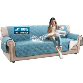 H.VERSAILTEX 100% Waterproof Sofa Covers for 3 Cushion Couch Modern Sofa Cover for Dogs XL Couch Covers for Oversized Sofa with Elastic Straps (Oversized Sofa, Smoke Blue/Beige)