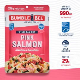 Bumble Bee Skinless & Boneless Pink Salmon, 5 oz Pouch (Pack of 12) - Premium Wild Caught Salmon for Snacks, Sandwiches & Recipes - 29g Protein per Serving - Gluten Free, Kosher, MSC Certified