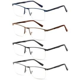 JOLISU 4 Pack Blue Light Blocking Reading Glasses for Men, Half Frame Metal Readers Spring Hinge Eyeglasses 3.50