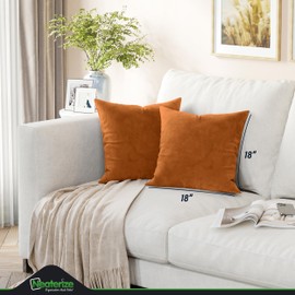 NEATERIZE Premium Velvet Pillow Covers 18x18 Burnt Orange - Fall Decor Decorative Washable Velvet Fabric Throw Pillow Covers for Couch or Bed - Set of 2