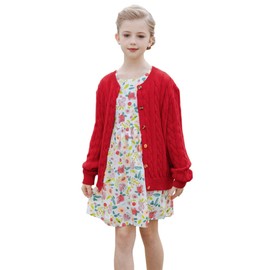 SMILING PINKER Little Girls Boys Aran Cardigan Toddler Cable Knitted Crew Neck Button Up Chunky Sweater Jacket(Red,2-3Years)