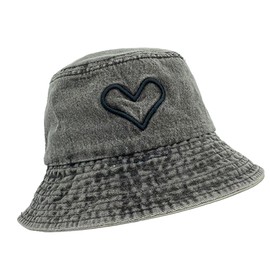 White Fang CZA133 Women's Denim Bucket Hat, Heart Design, Trend, Fashion, Fashionable Hat, black grey