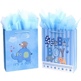 12.5" Medium Baby Gift Bags with Tissue Papers for Baby Showers 2-Pack (Blue)